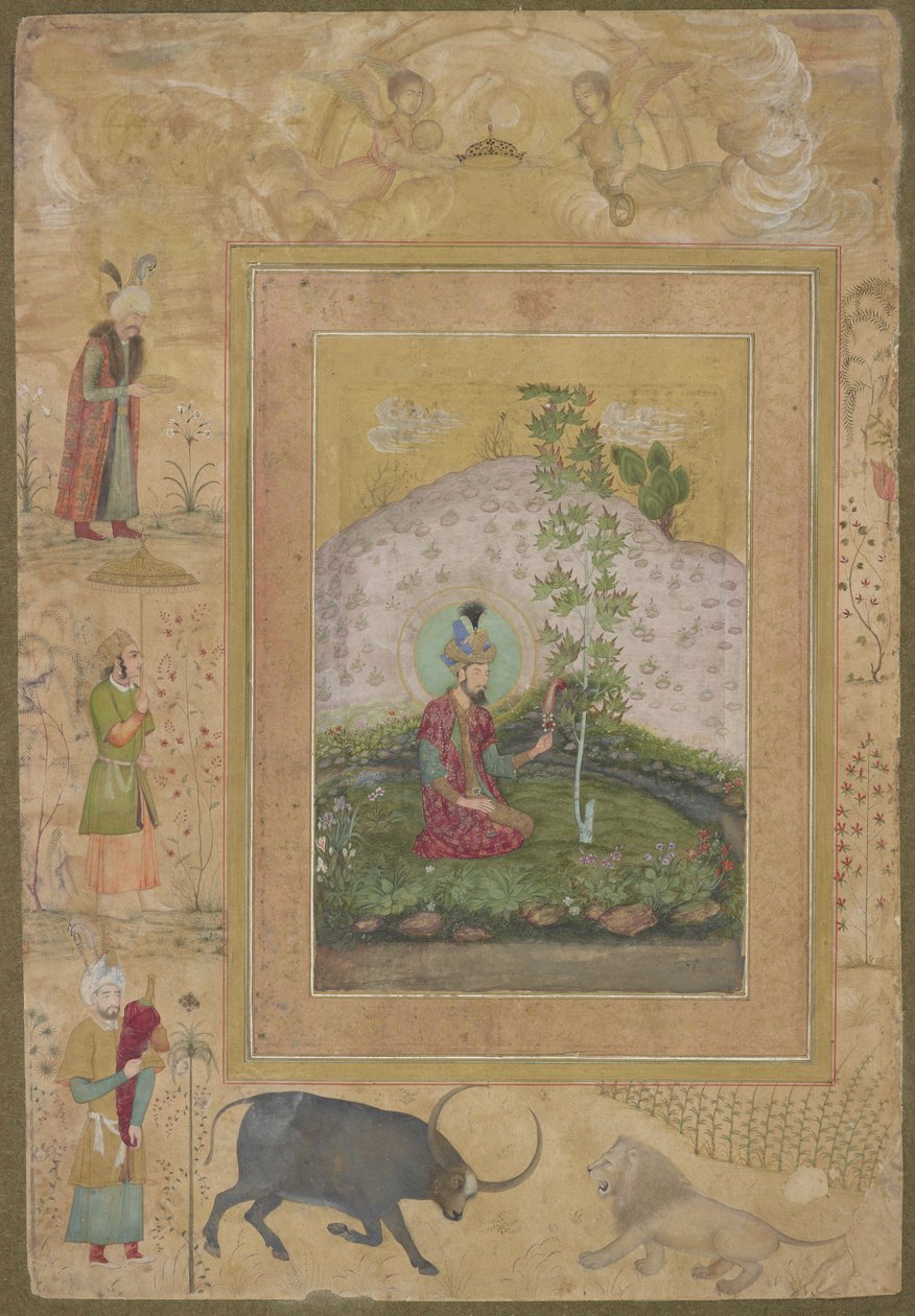 Humayun sitzt in einer Landschaft, aus dem späten Shah Jahan Album, abgelöstes Albumblatt, ca. 1650 von Payag