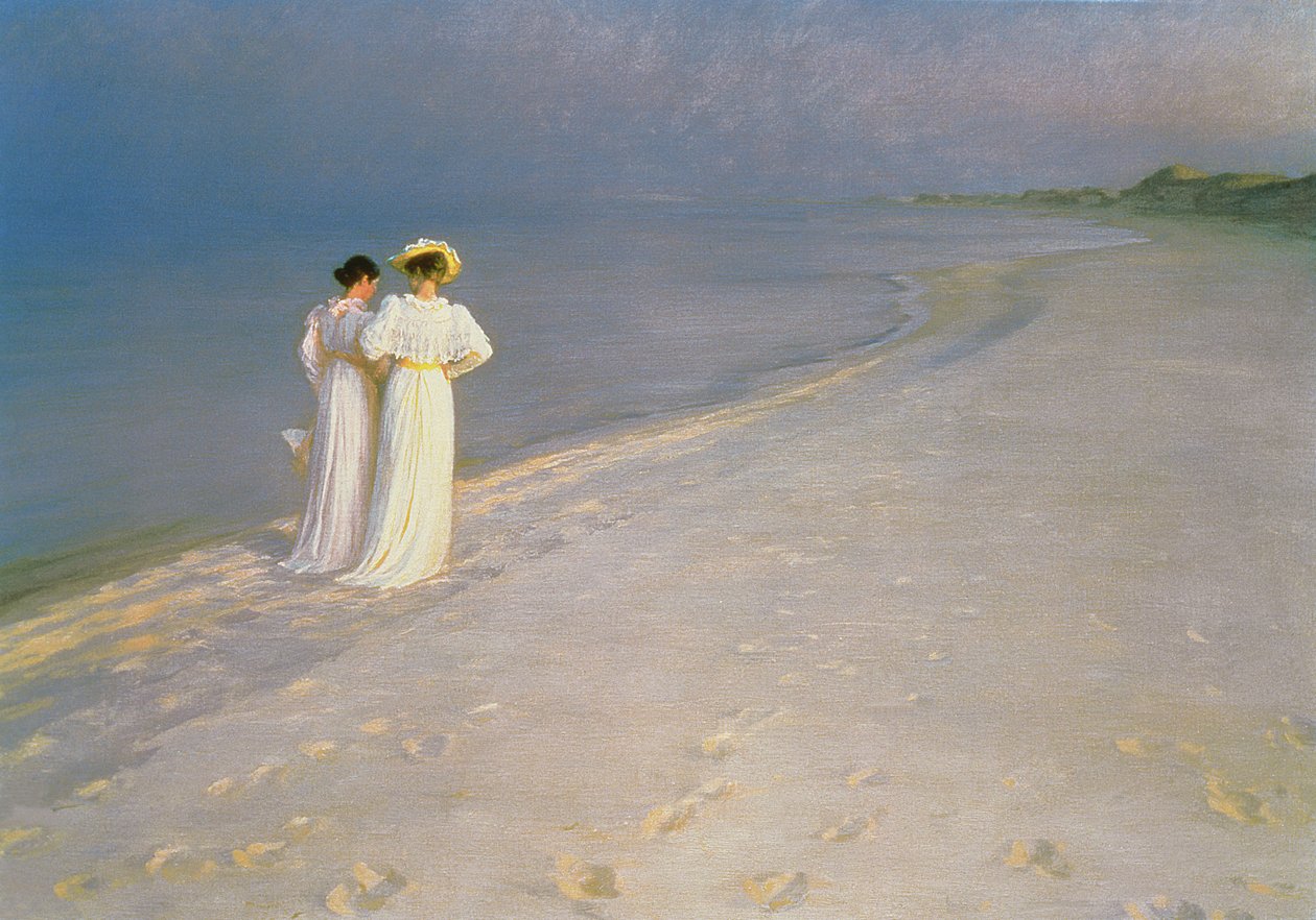 Sommerabend am südlichen Strand von Skagen mit Anna Ancher und Marie Kroyer von Peder Severin Krøyer