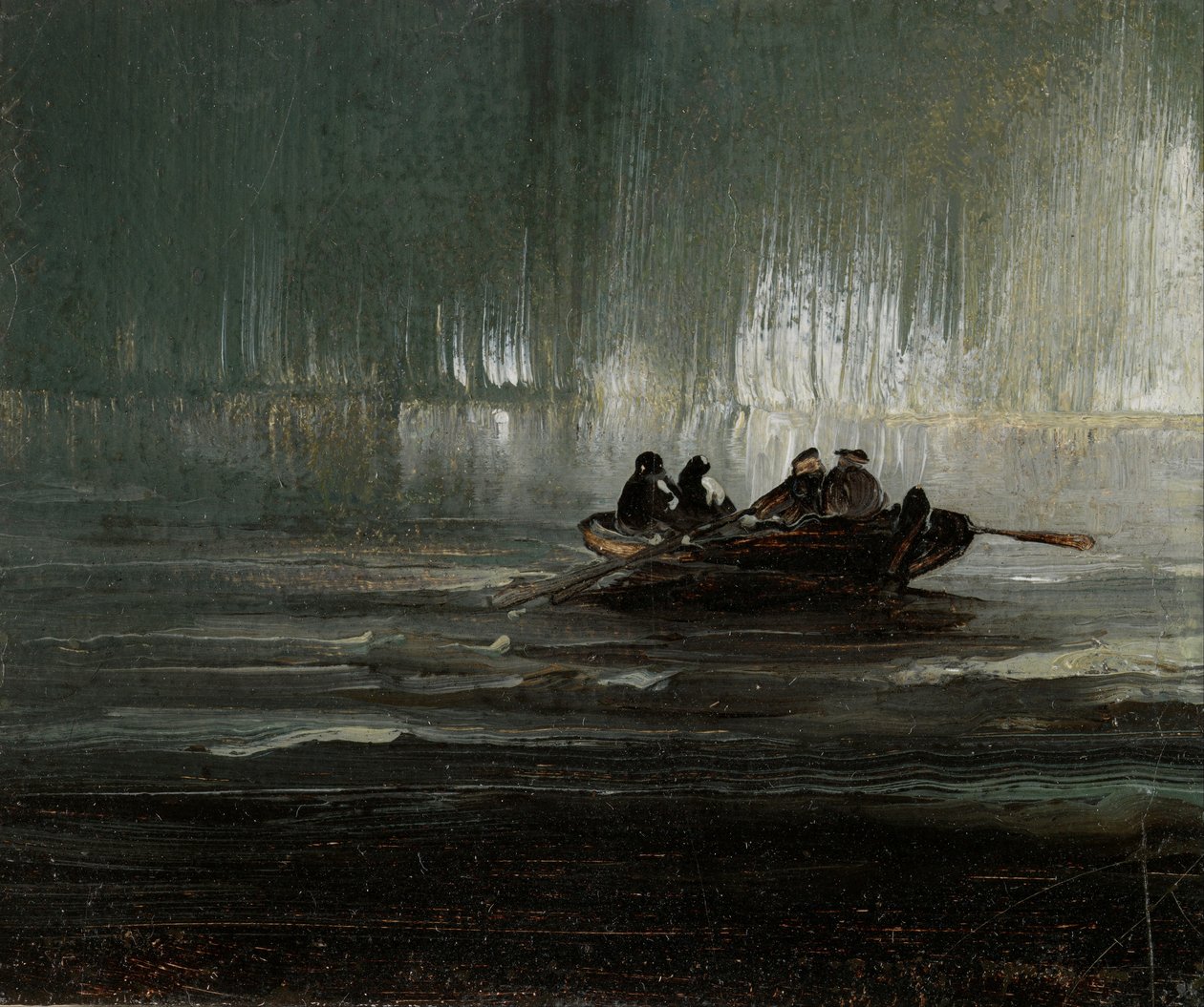 Nordlicht über vier Männern in einem Ruderboot von Peder Balke