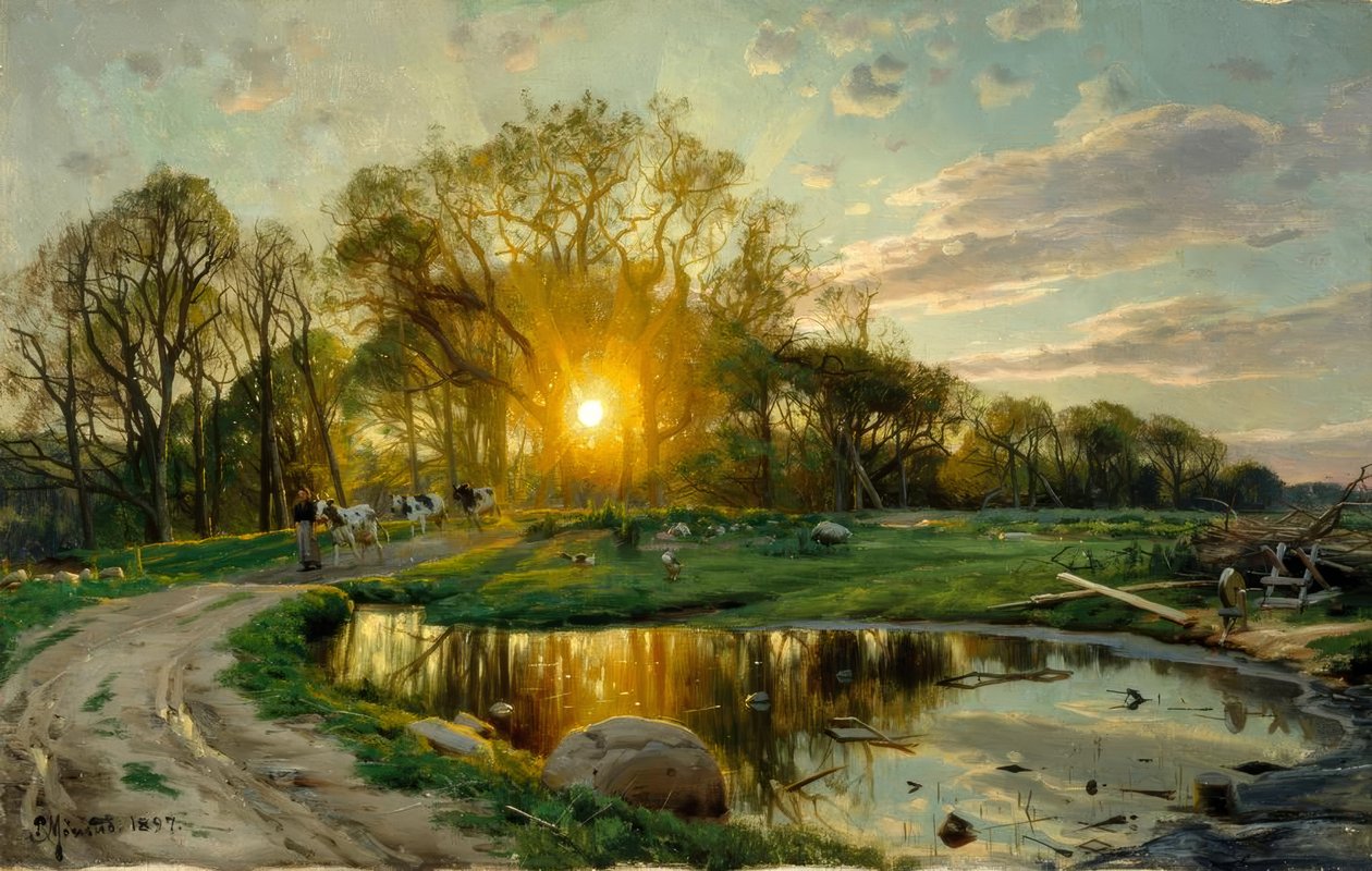 Heimbringen der Kühe bei Sonnenuntergang von Peder Monsted