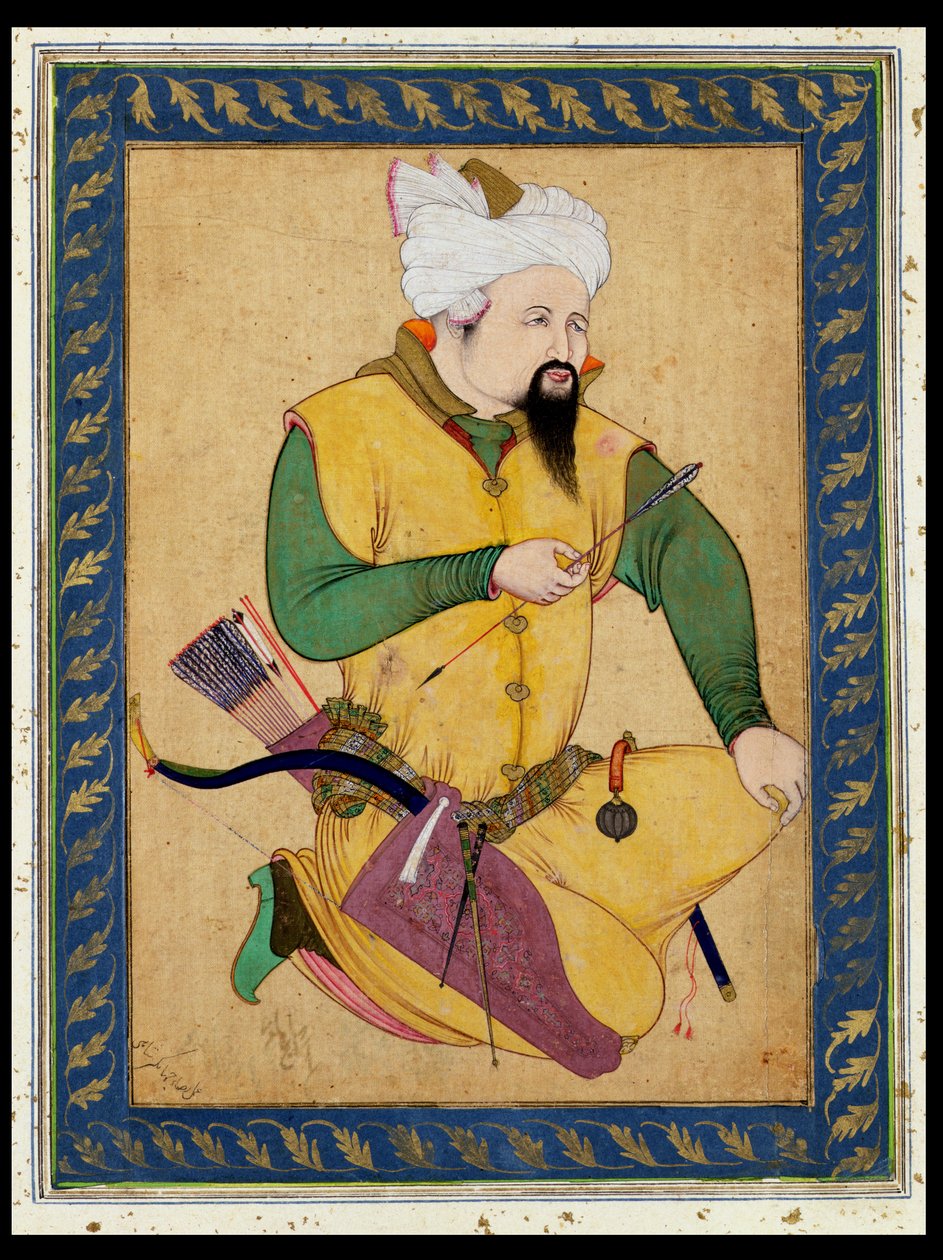 Ein Turkoman oder Mongolenhäuptling hält einen Pfeil, aus dem Großen Clive-Album, 1591-92 von Persian School