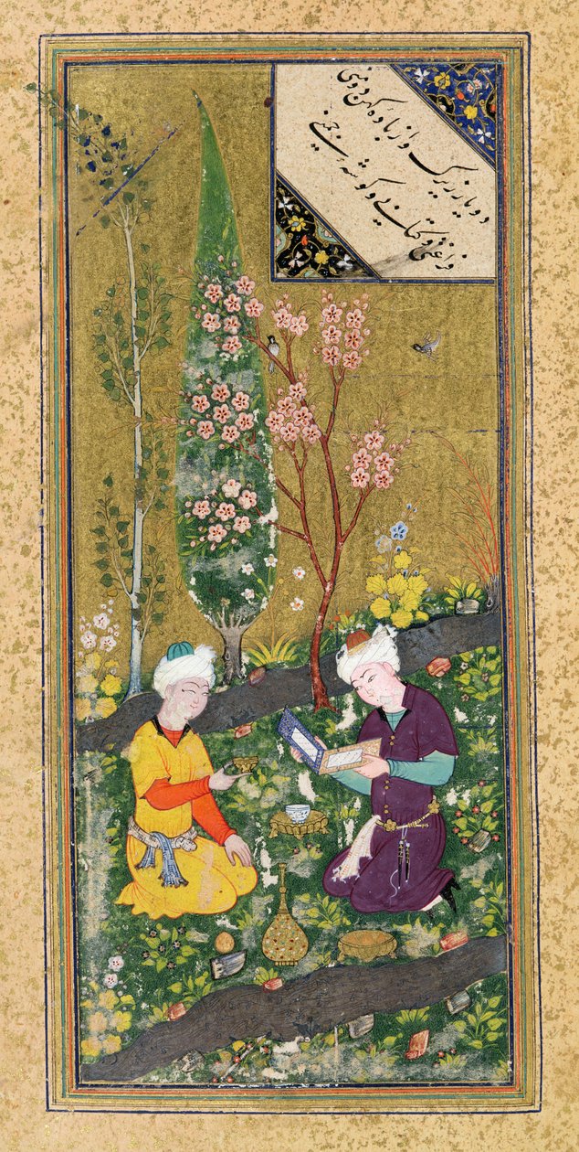 Ms C-860 fol.9a Zwei Figuren lesen und entspannen sich in einem Obstgarten, ca. 1540-50 von Persian School
