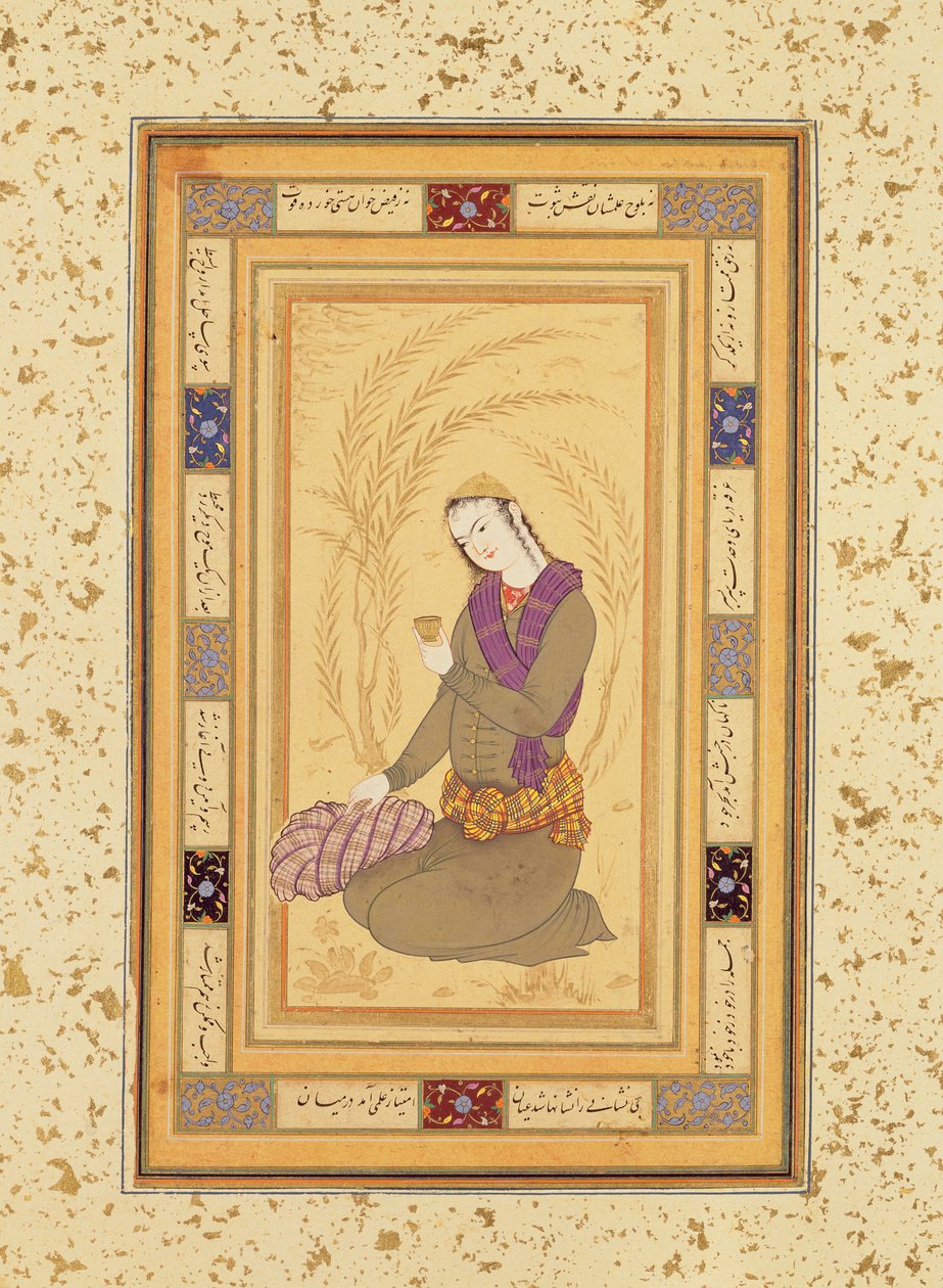 Sitzender Jüngling mit einer Tasse, aus dem Großen Clive-Album, ca. 1610-20 von Persian School