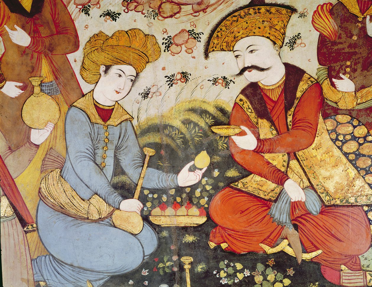 Schah Abbas I. und ein Höfling, der Obst und Getränke anbietet (Detail) von Persian School