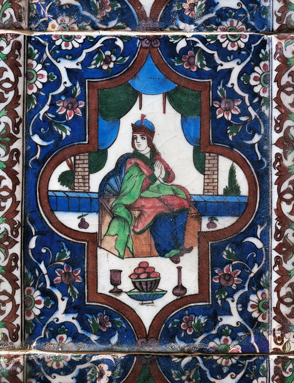 Sitzende Frau, bemalte Keramikfliese, persische Zivilisation von Persian School