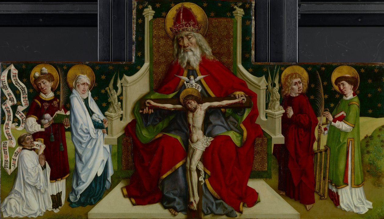 Die Dreifaltigkeit mit der Jungfrau, den Heiligen Johannes dem Evangelisten, Stephanus und Laurentius und einem Stifter, 1479 von Peter Hemmel