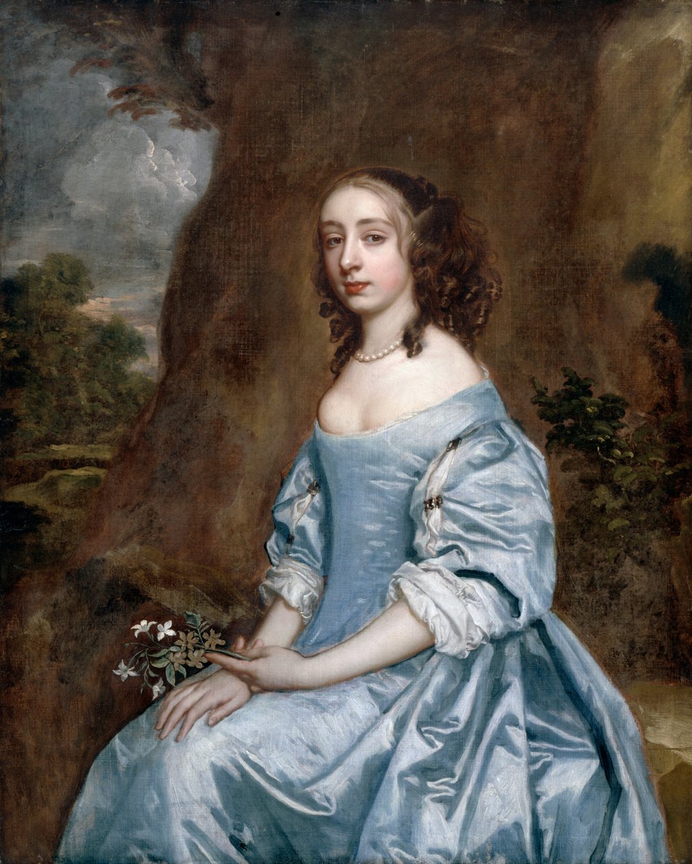 Porträt einer Dame in Blau, die eine Blume hält von Peter Lely