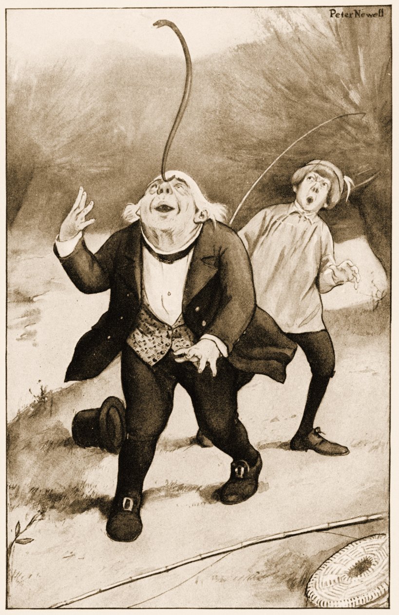 "Alter Vater William balanciert einen Aal auf seiner Nasenspitze", Illustration für Lewis Carrolls Alice im Wunderland, 1901 von Peter Newell
