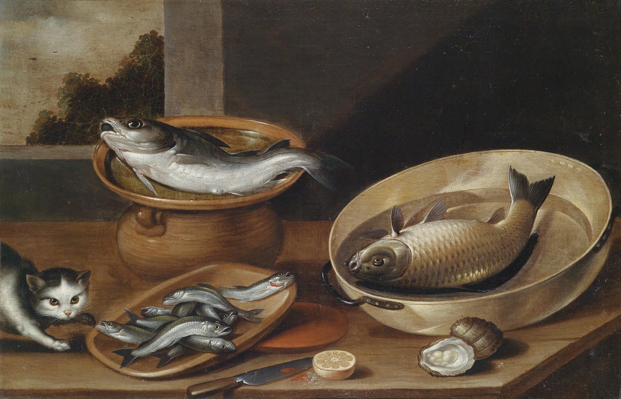 Fischstillleben mit Katze von Peter van Boucle