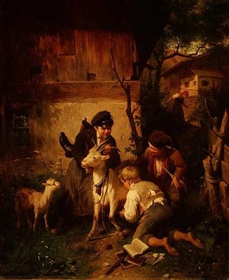 Jungen spielen mit einer Ziege von Peter Baumgartner