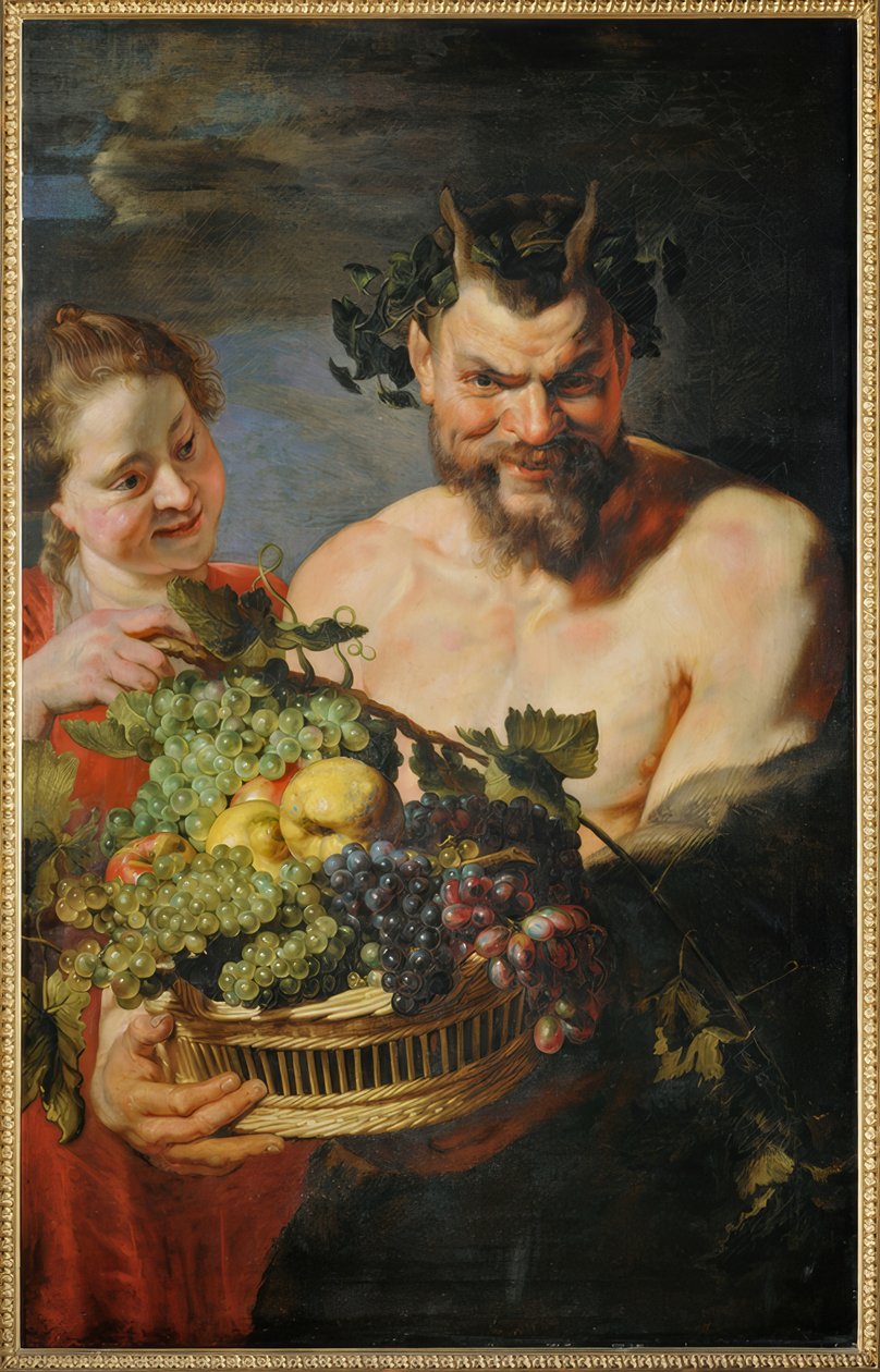 Satyr und Mädchen mit Früchtekorb von Peter Paul Rubens