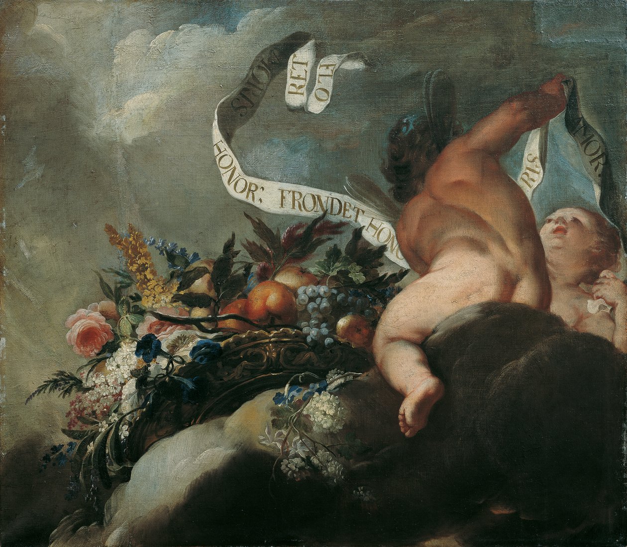 Zwei Putti mit Blumen, Früchten und Spruchband von Peter Strudel