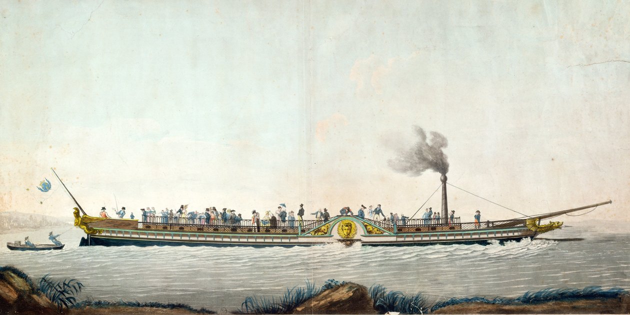 Der Charles-Philippe, das erste Dampfschiff, das am 20. August 1816 auf der Seine zu Wasser gelassen wurde von Philibert Louis Debucourt