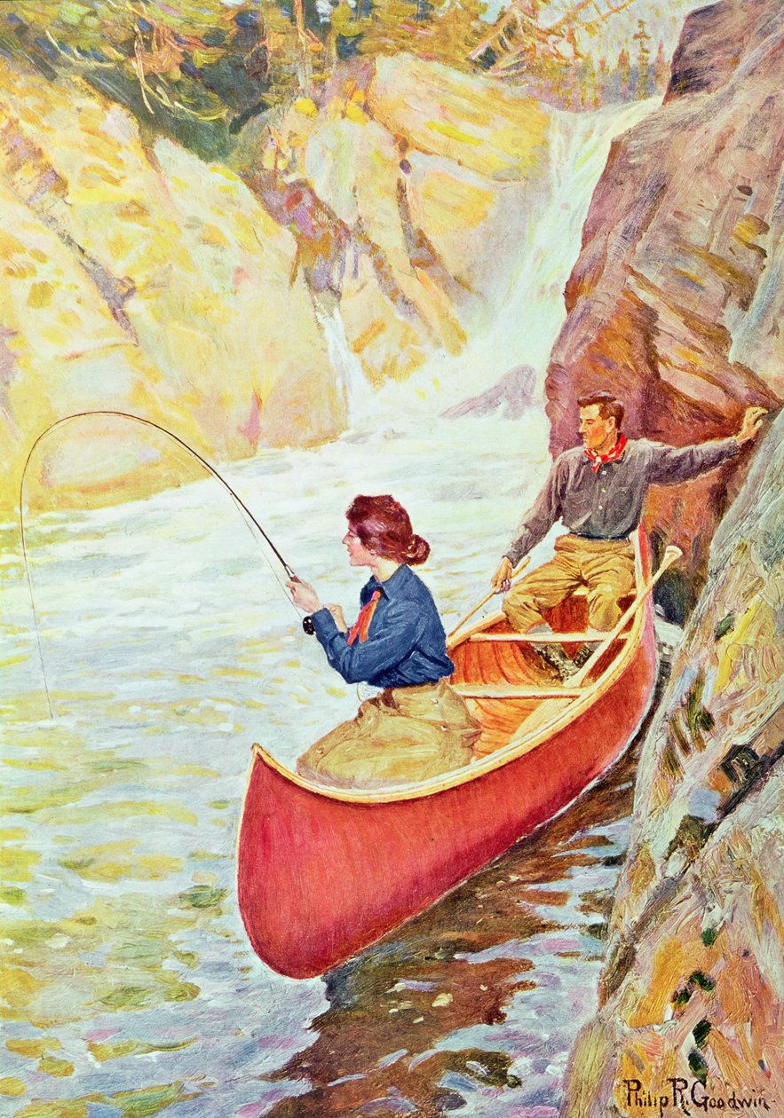 Paar beim Angeln in der Nähe eines Wasserfalls von Philip Russell Goodwin
