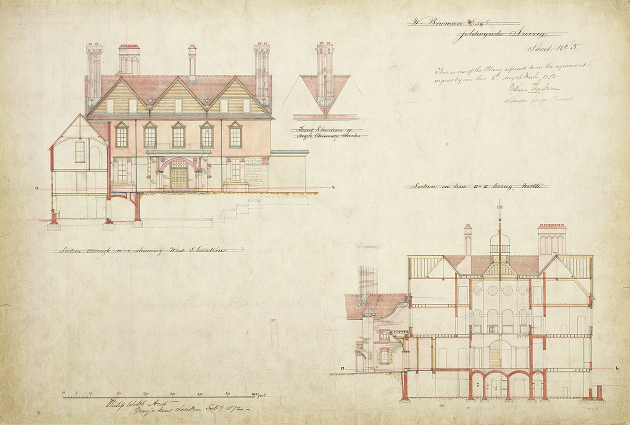 Entwurf für Joldwyns, Surrey, 1872 von Philip Webb