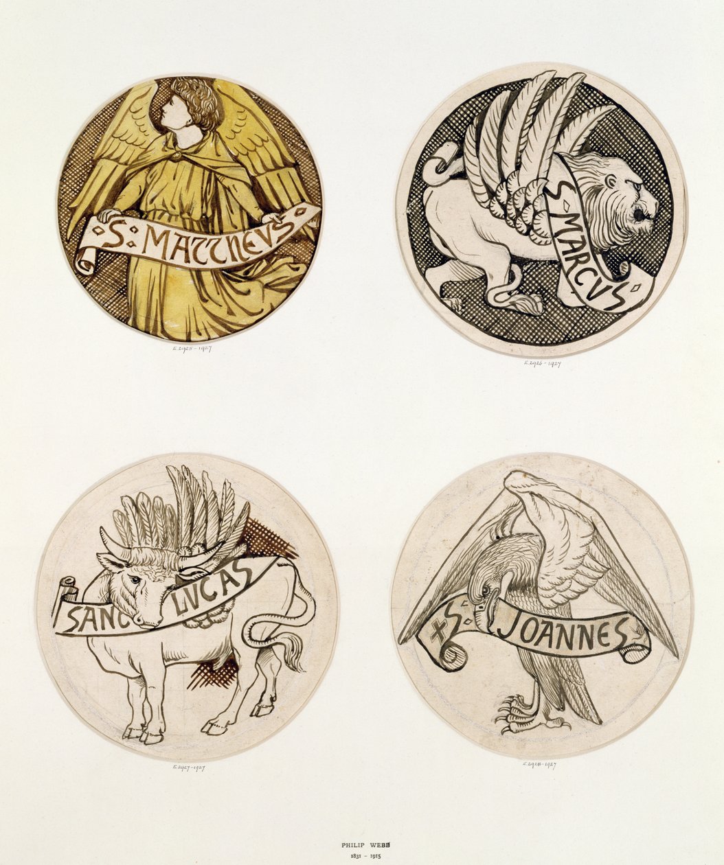 Symbole der Evangelisten, Entwürfe für Buntglas von Philip Webb