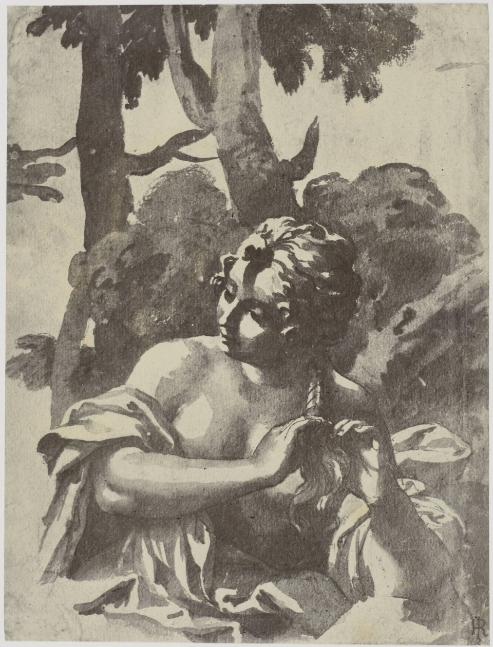 Ein Mädchen, das ihr Haar flechtet von Philip Henry Delamotte