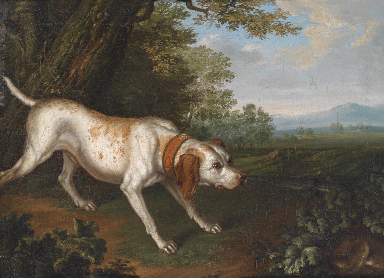 Ein die Beute witternder Jagdhund in einer Landschaft von Philipp Ferdinand de Hamilton