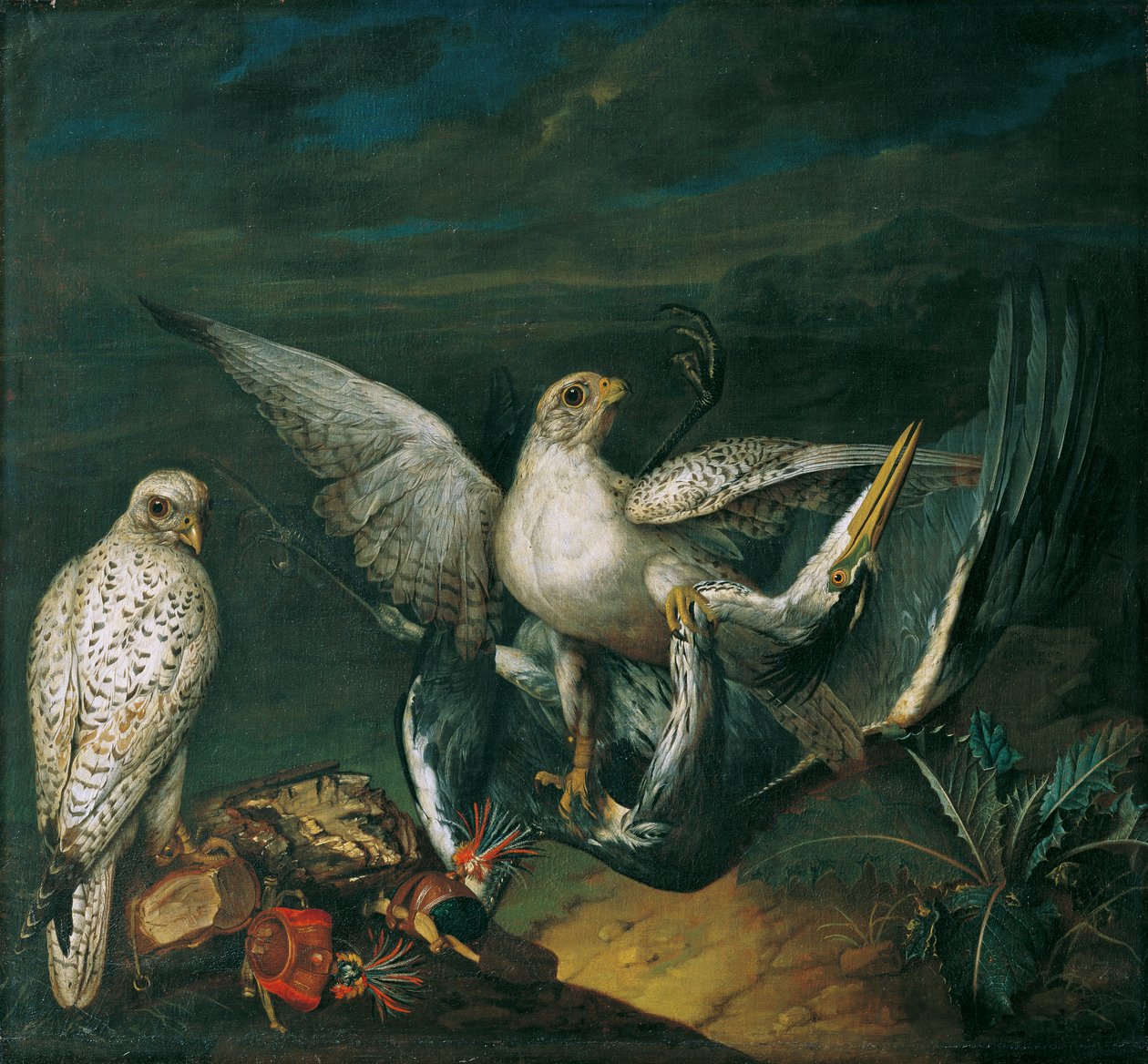 Weiße Jagdfalken mit einem Fischreiher von Philipp Ferdinand de Hamilton