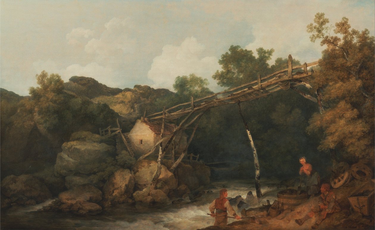 Eine Ansicht in der Nähe von Matlock, Derbyshire mit Figuren, die unter einem Holzförderer arbeiten von Philippe Jacques de Loutherbourg