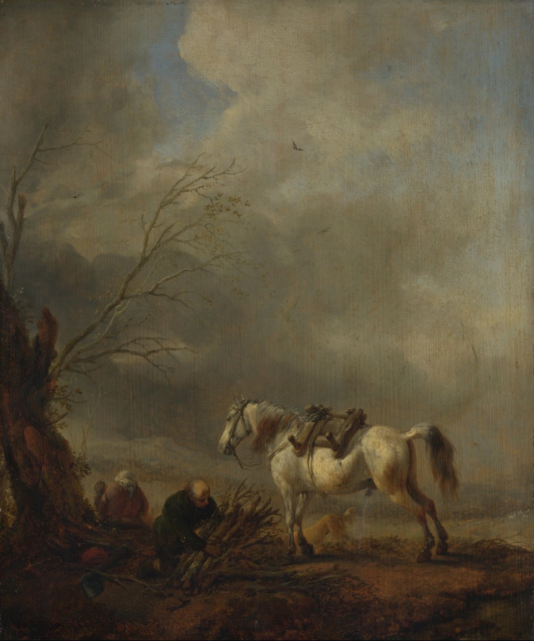 Ein weißes Pferd und ein alter Mann, der Reisig bindet von Philips Wouwerman