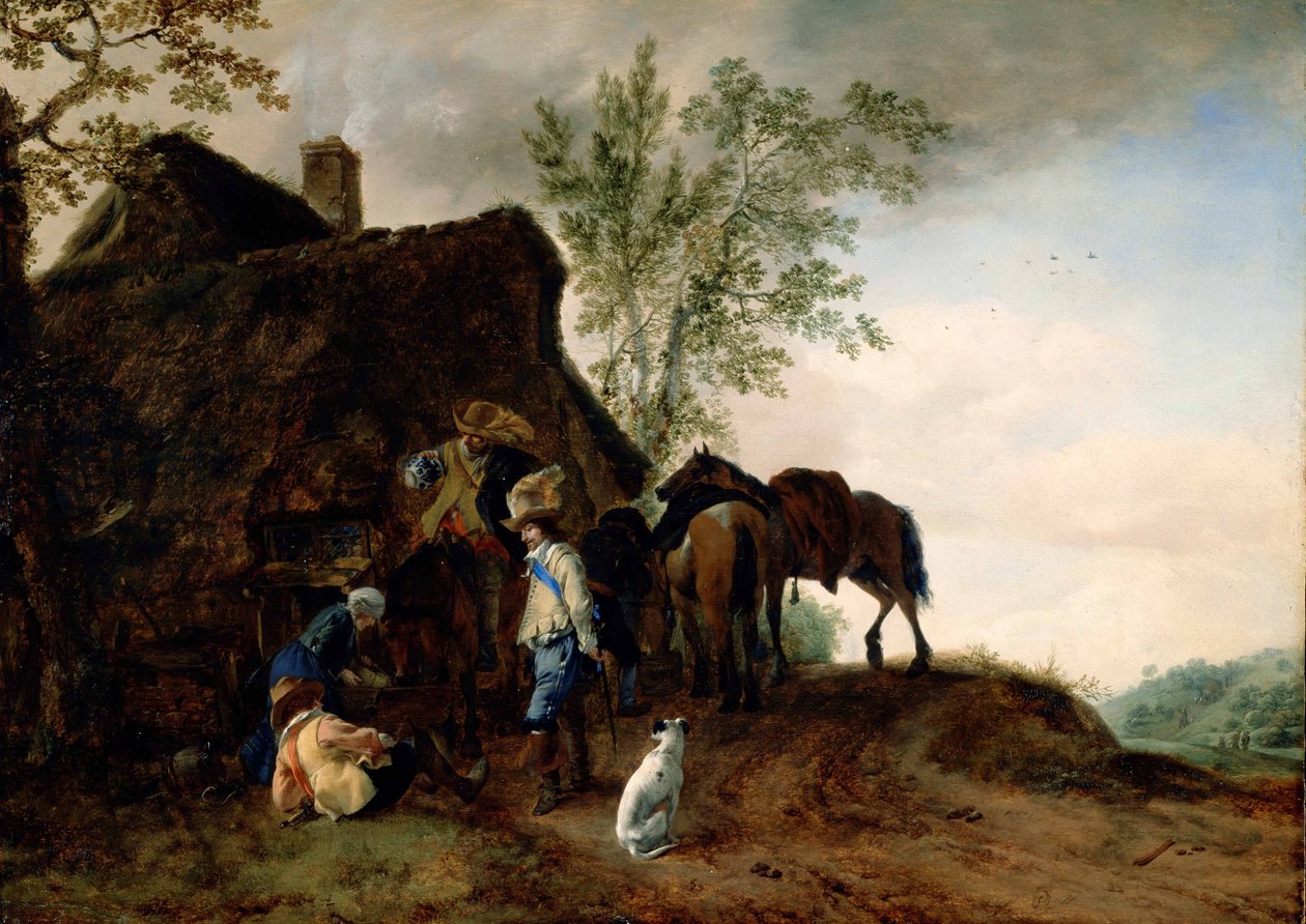 Halt der Kavaliere an einem Gasthaus von Philips Wouwerman
