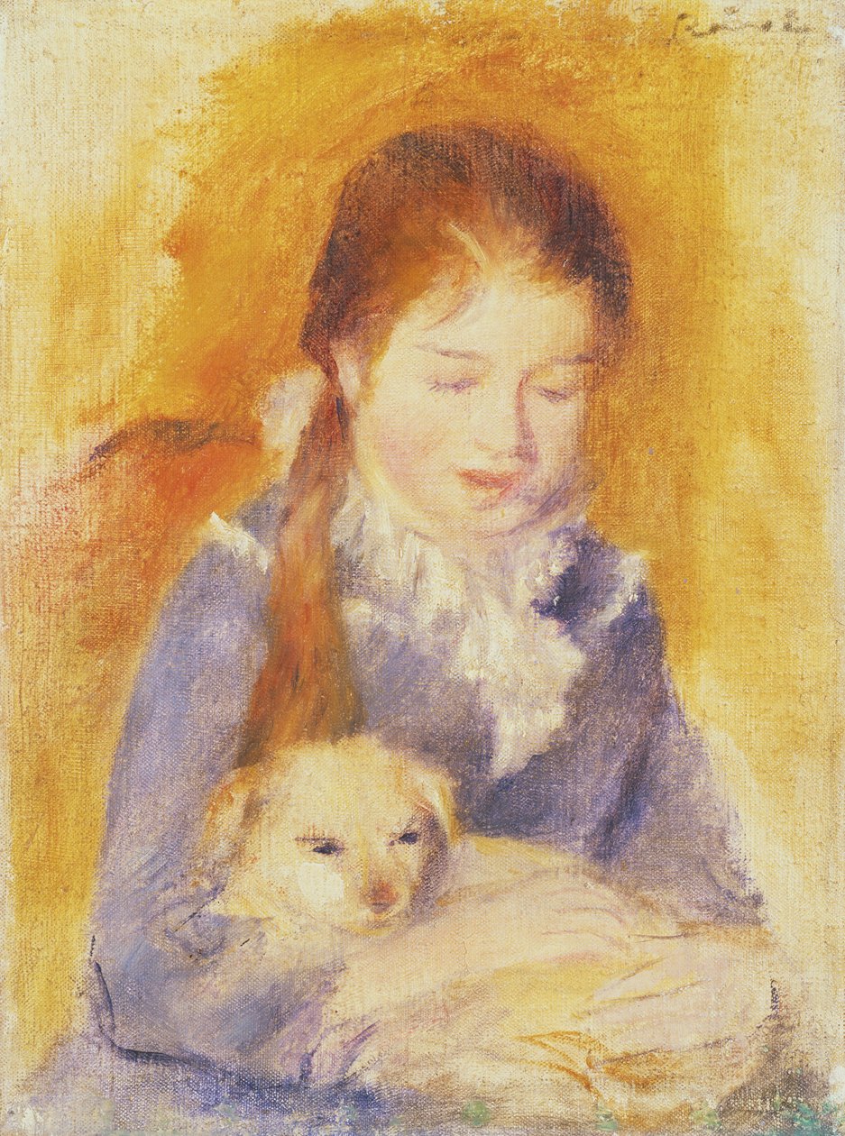 Junges Mädchen mit einem Hund, um 1875 von Pierre Auguste Renoir