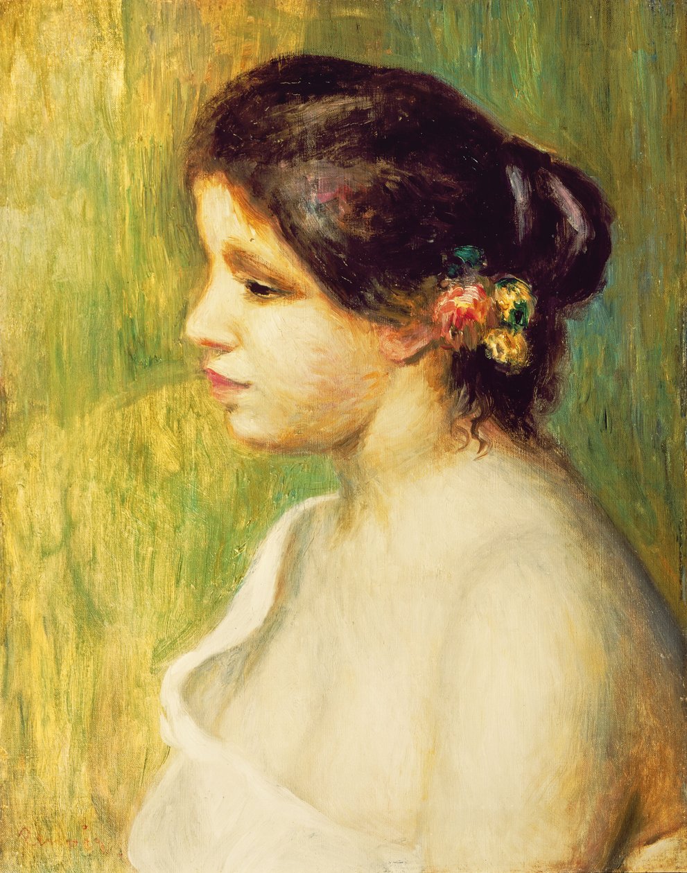 Junge Frau mit Blumen am Ohr von Pierre Auguste Renoir