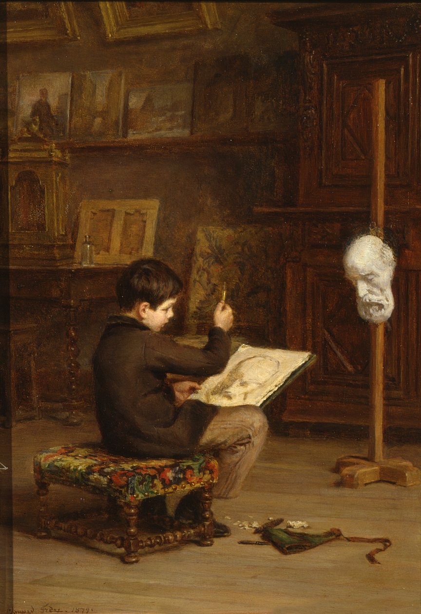 Junger Junge zeichnet von einem Gipskopf, 1879 von Pierre Edouard Frere