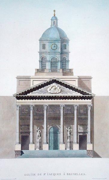 Kirche St. Jacques, Brüssel, aus Choix des Monuments, Edifices et Maisons les plus remarquables du Royaume des Pays-Bas von Pierre Jacques Goetghebuer, veröffentlicht 1827 von Pierre Jacques Goetghebuer