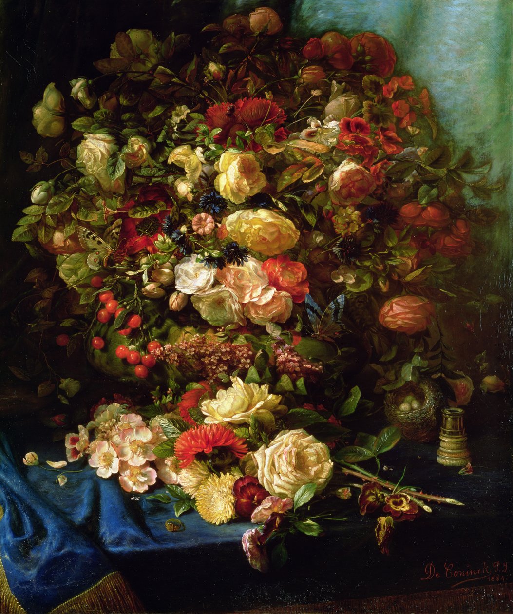 Stillleben mit Blumen auf einem Sims mit Vogelnest, 1884 von Pierre Louis de Coninck