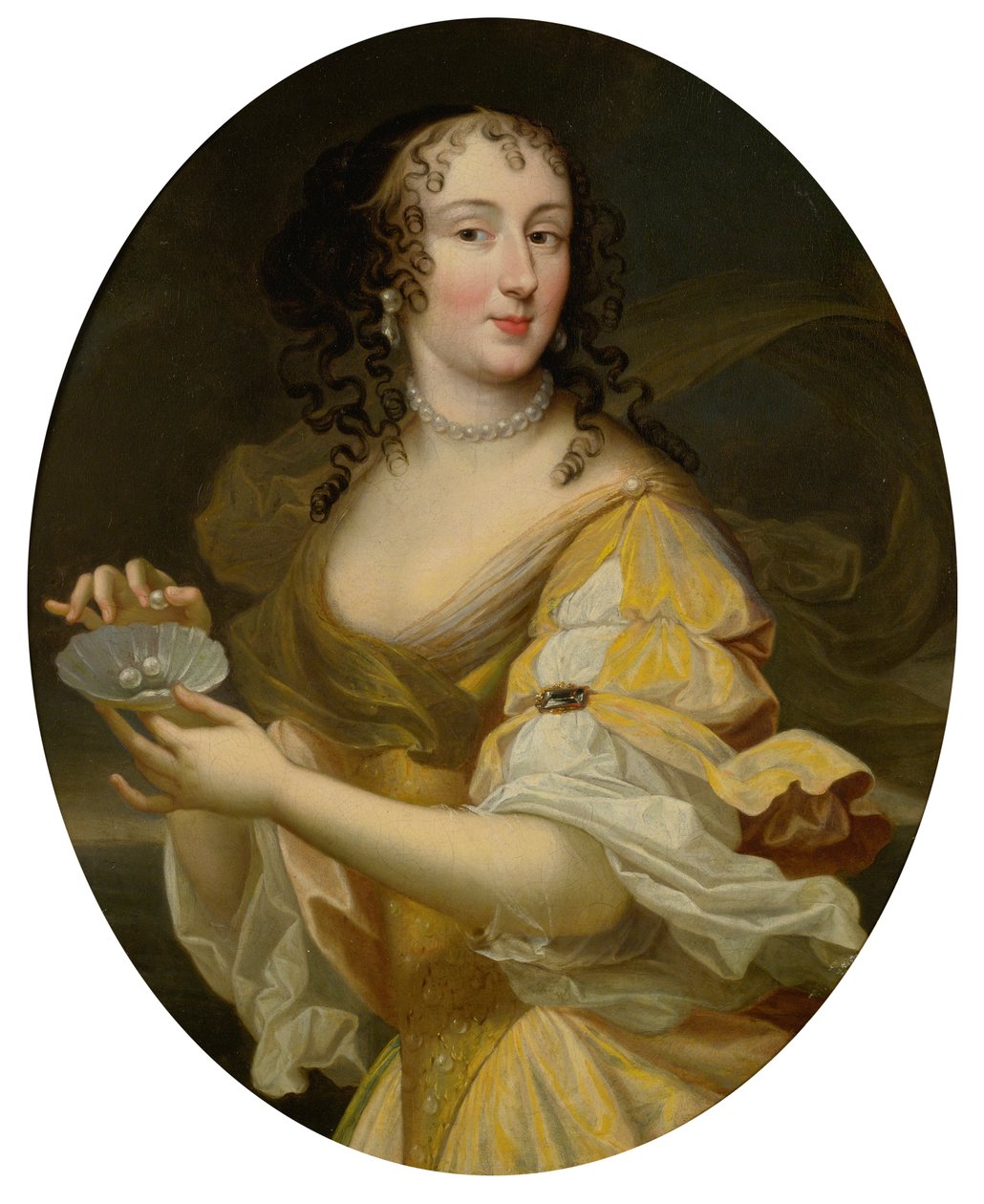 Porträt einer Dame in allegorischer Gestalt, die eine Schale mit Perlen hält von Pierre Mignard
