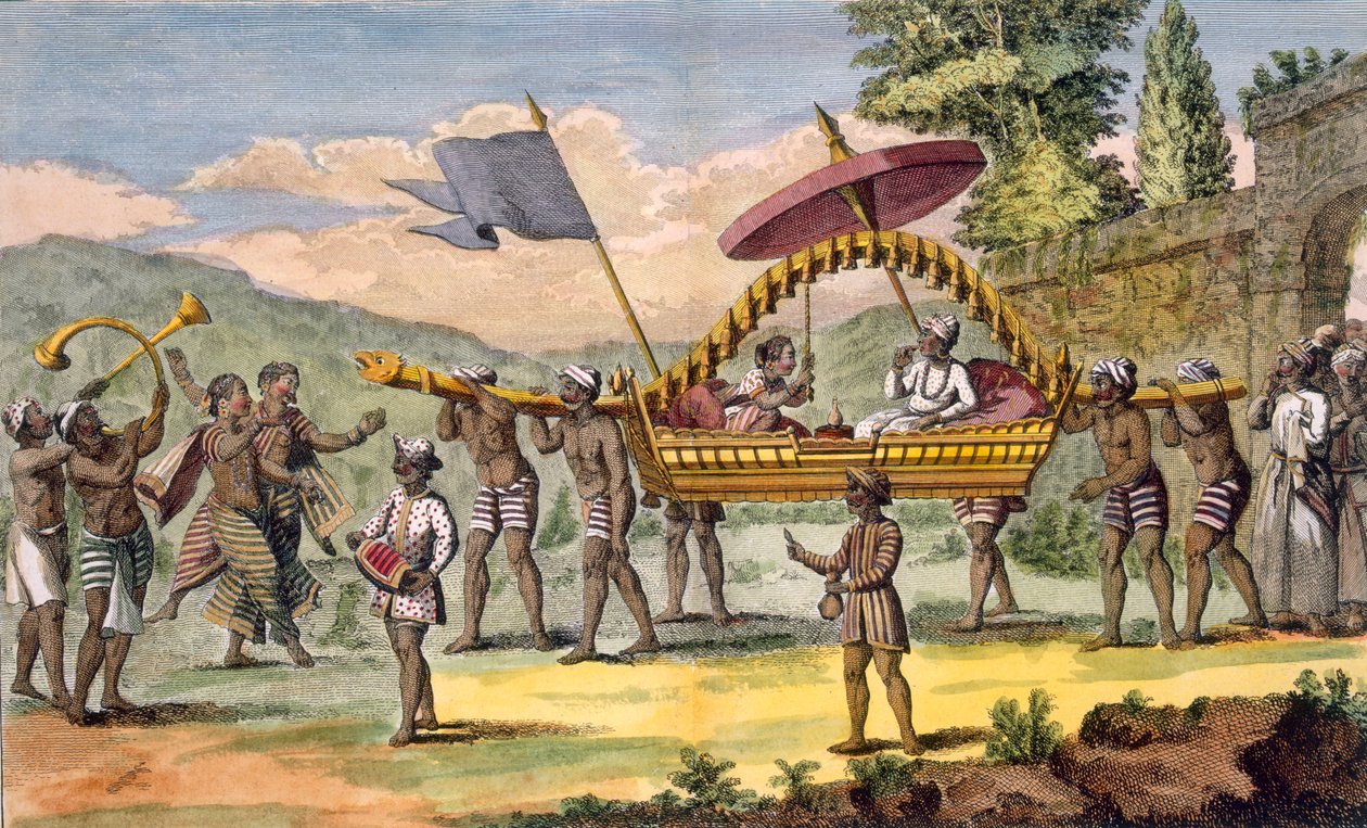 Frisch verheiratetes Paar wird zu einem Spaziergang in einer Sänfte mit begleitenden Musikern gebracht, Illustration aus 