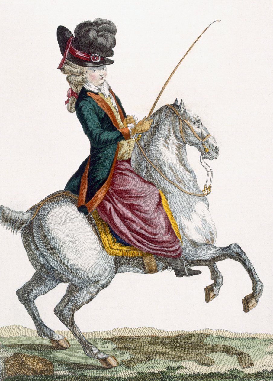 Junge Dame auf einem Pferd reitend, graviert von Voysard, Platte aus 