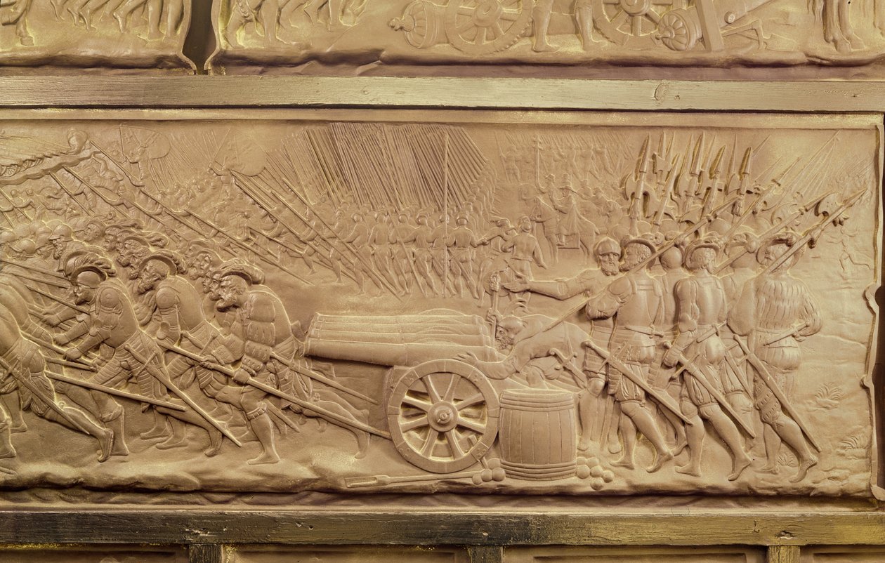 Grab von Franz I. und Claude, Herzogin der Bretagne, Kanonen in der Schlacht von Marignano (Detail) von Pierre Bontemps