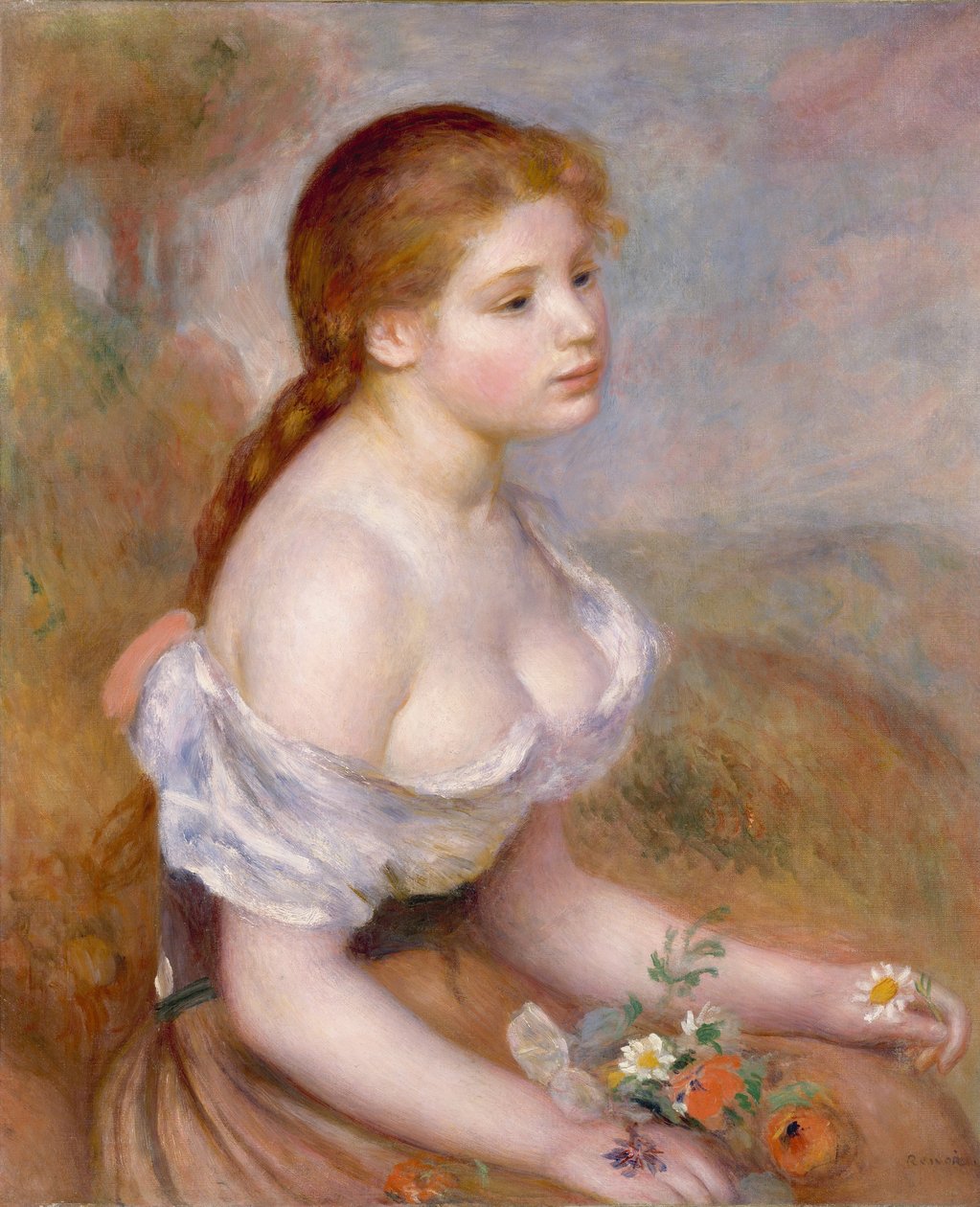 Ein junges Mädchen mit Gänseblümchen von Pierre Auguste Renoir