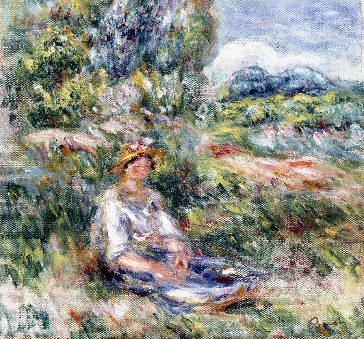 Junge Frau, die in einer Wiese sitzt von Pierre Auguste Renoir