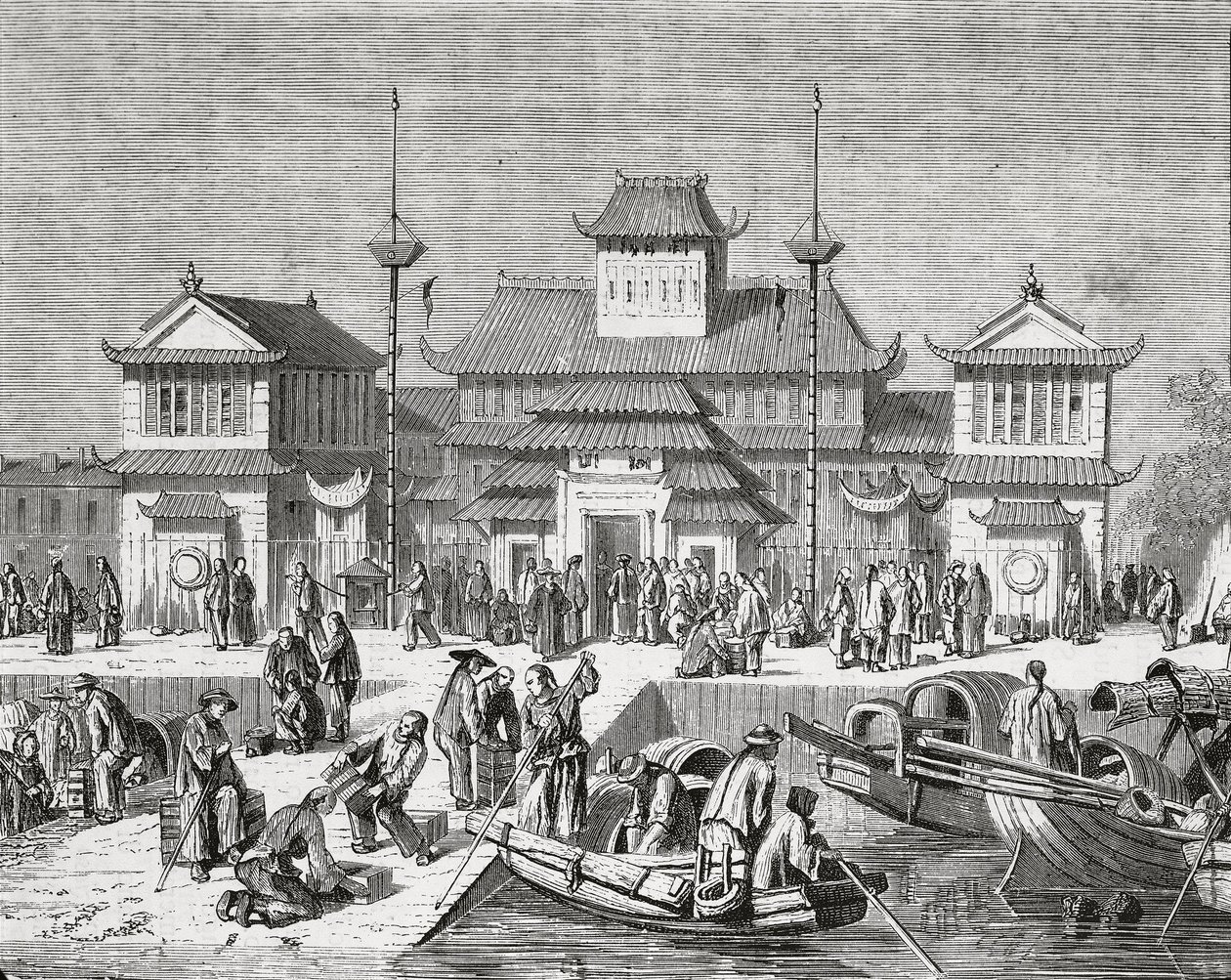 China, Shanghai, Zollhaus von Shanghai, Gravur von Pierre Eugene Grandsire