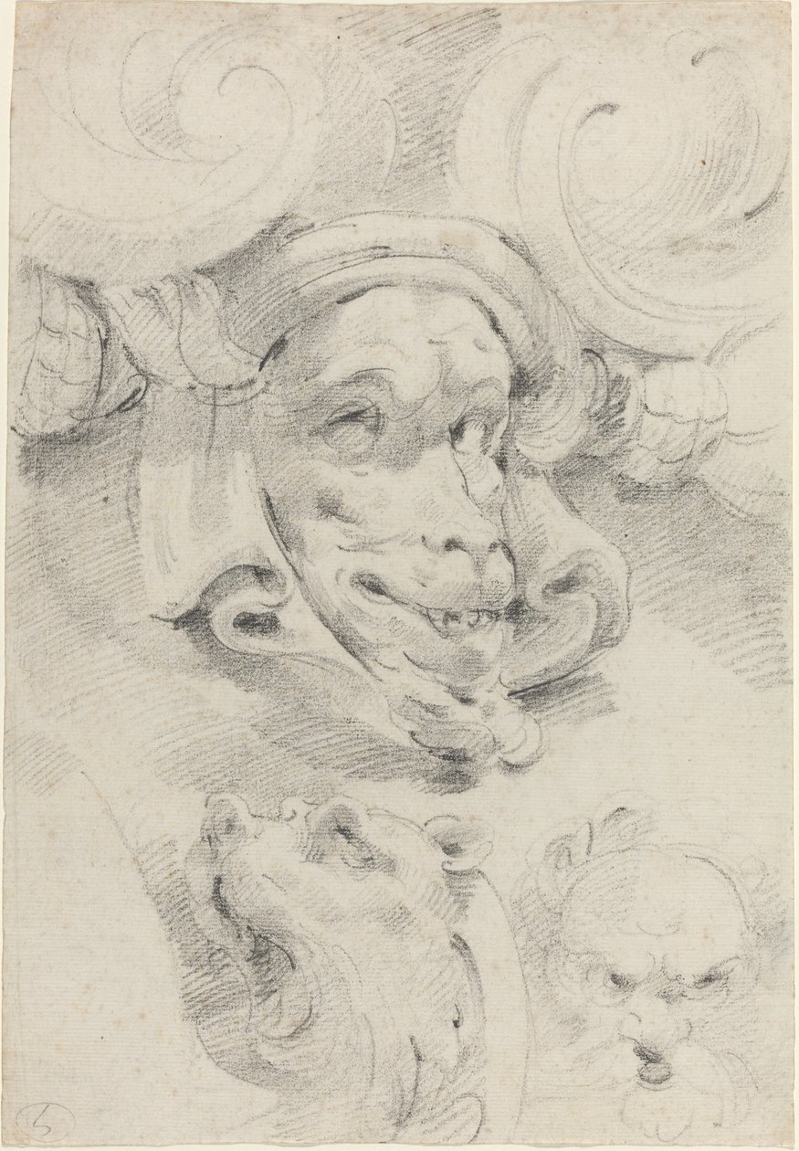 Ornamentale Skizzen mit grotesken Masken von Pierre Puget
