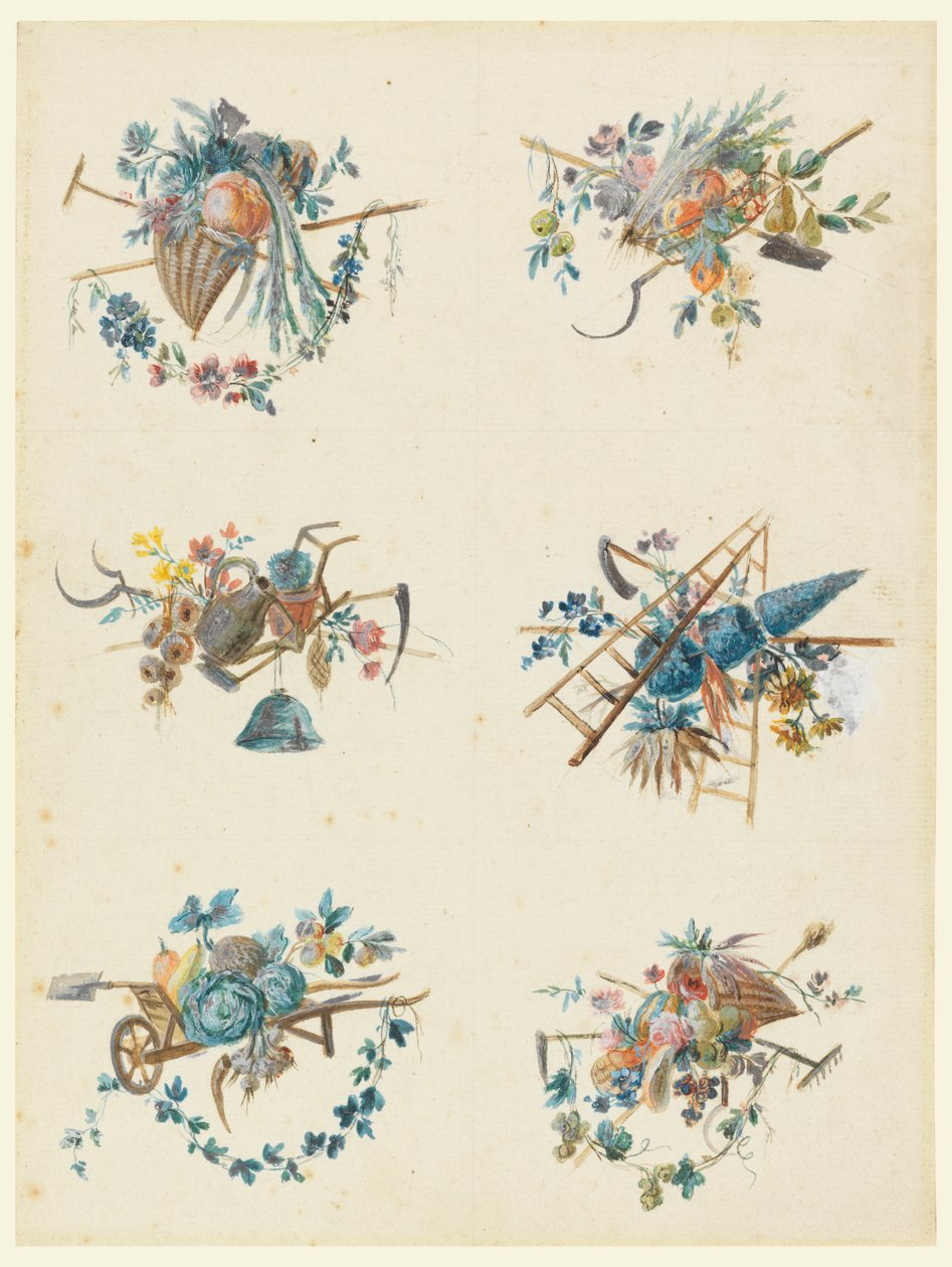 Sechs Trophäen mit den Attributen der Gartenarbeit von Pierre Ranson