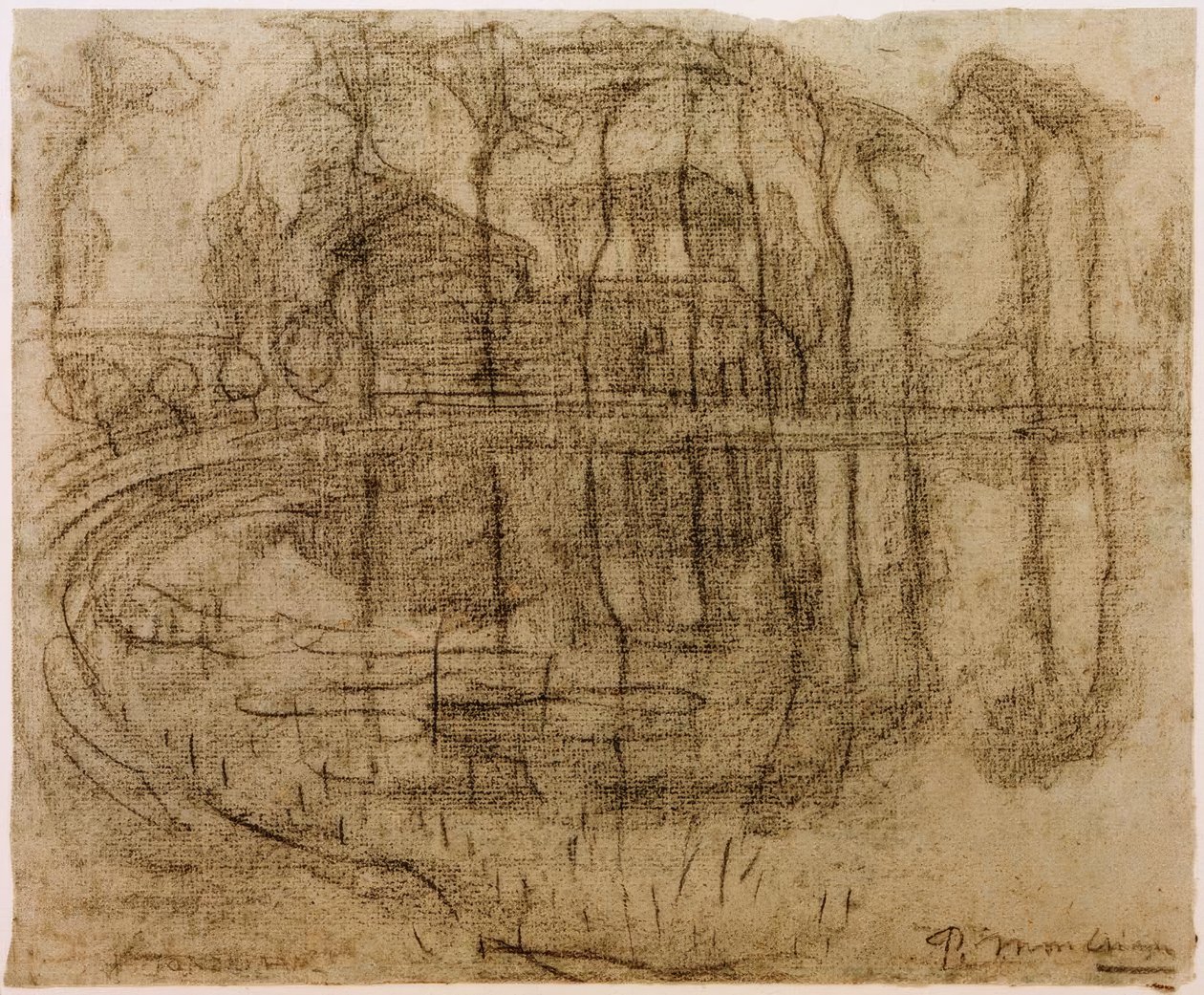 Bauernhaus mit Bäumen am Wasser von Piet Mondrian