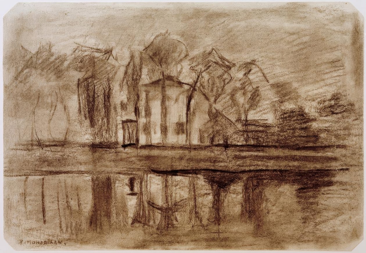 Haus mit Bäumen am Wasser von Piet Mondrian