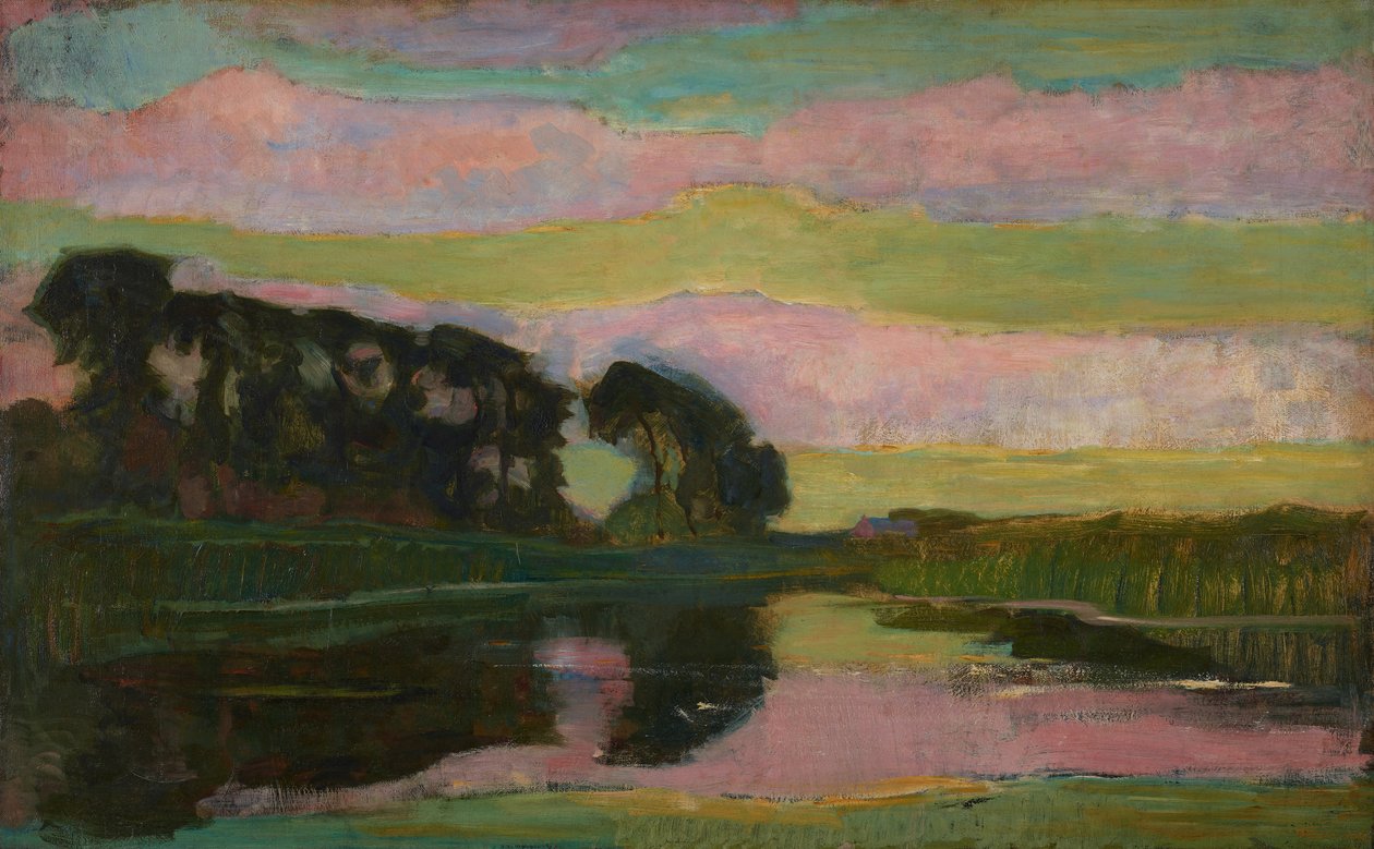 Flusslandschaft mit einer Baumreihe links, Himmel mit rosa und gelb-grünen Bändern: Bauernhof am Gein, abgeschirmt von hohen Bäumen, ca. Ende 1907-08 von Piet Mondrian