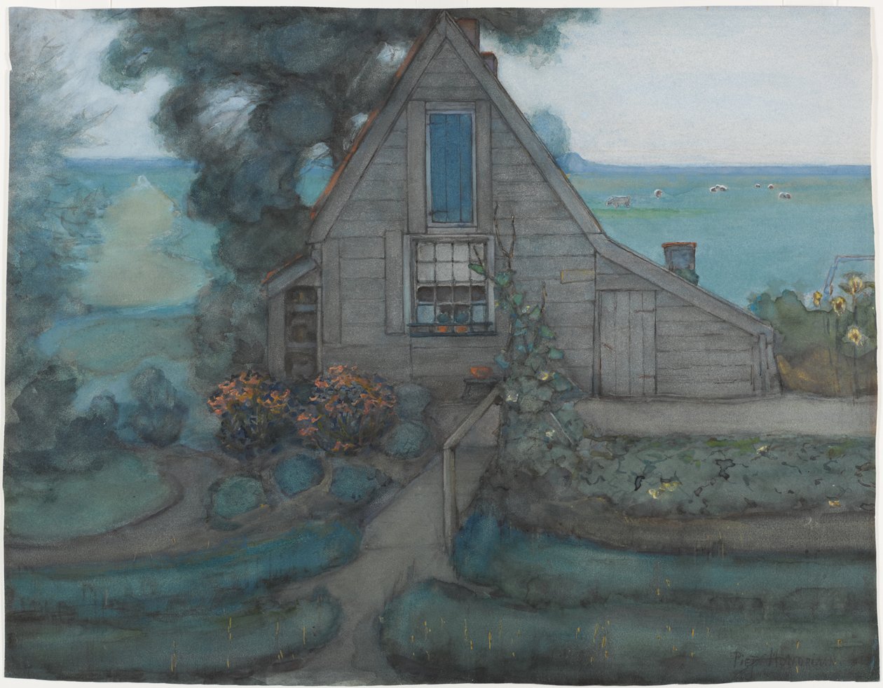 Triangulierte Bauernhausfassade mit Polder in Blau, ca. 1900 von Piet Mondrian