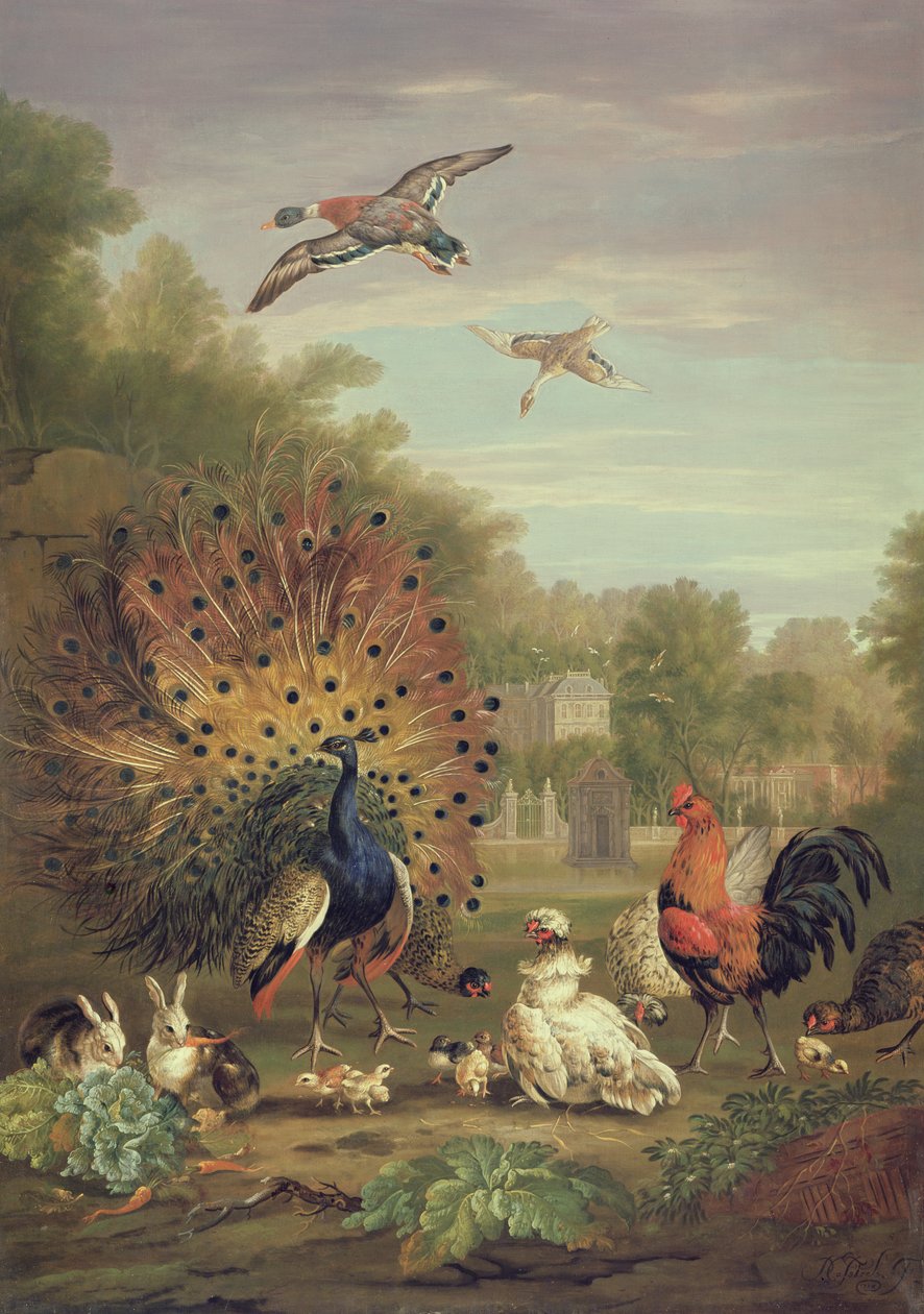 Pfau und Kaninchen in einer Landschaft von Pieter Casteels