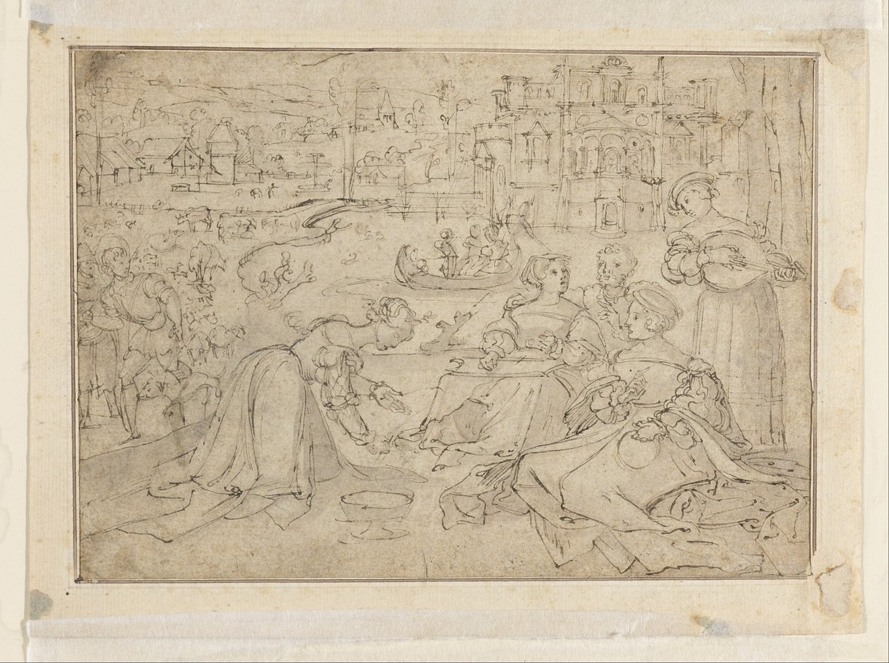 April (Figuren in einem Park in der Nähe eines Schlosses) von Pieter Coecke van Aelst