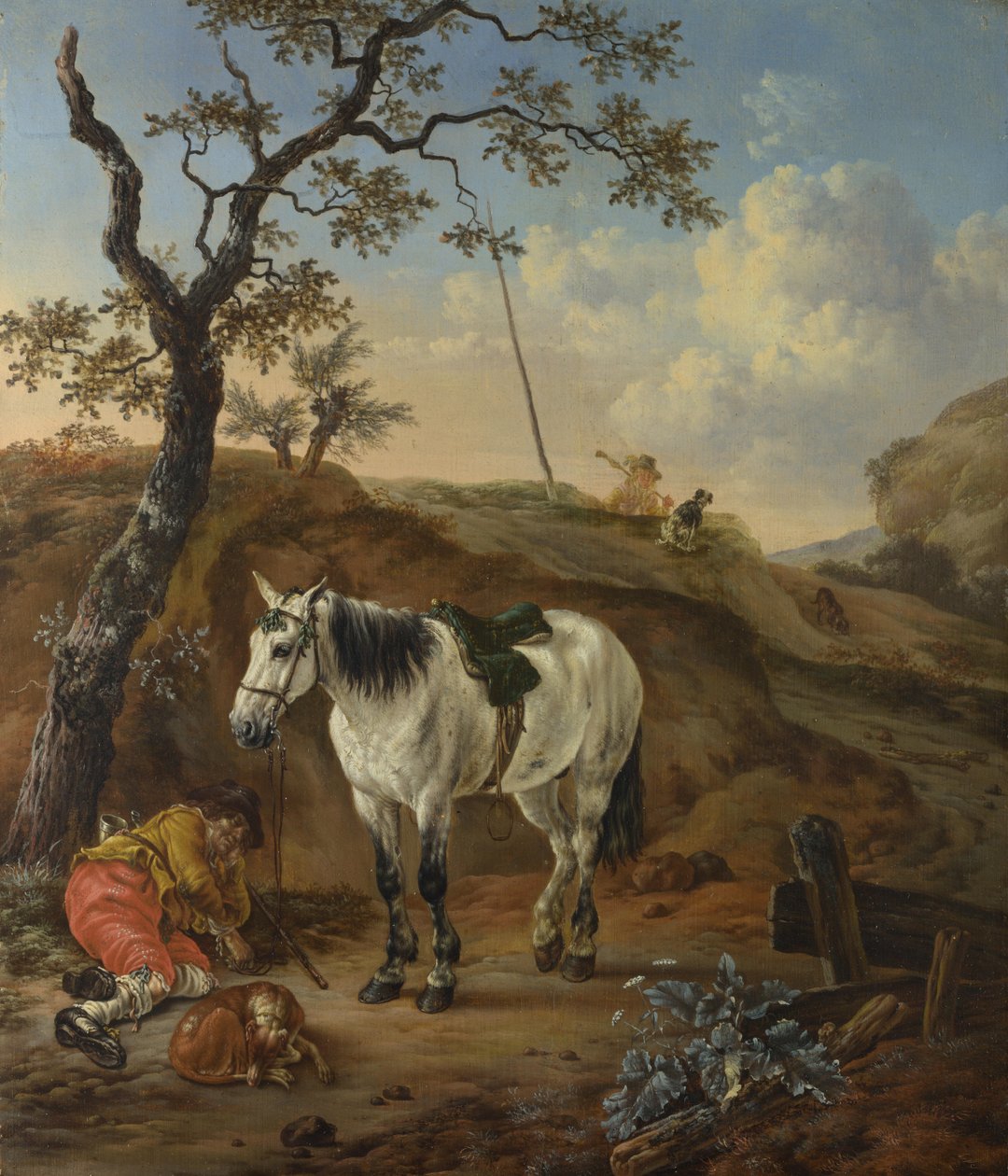 Ein weißes Pferd steht neben einem schlafenden Mann von Pieter Cornelisz. Verbeeck
