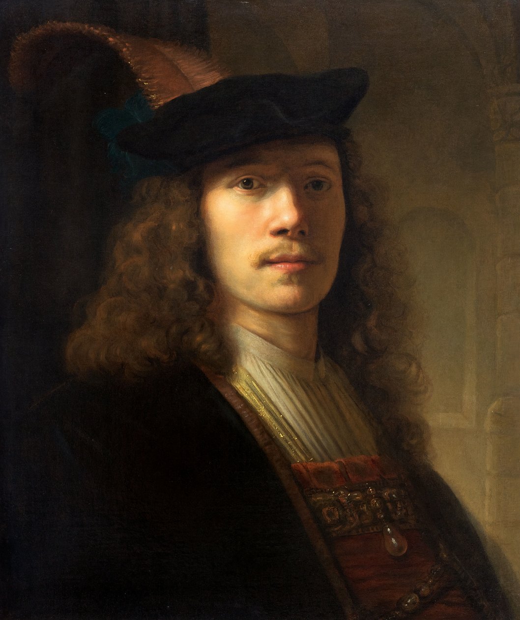 Porträt eines Mannes mit Federbarett und schattierten Augen von Pieter Hermansz Verelst