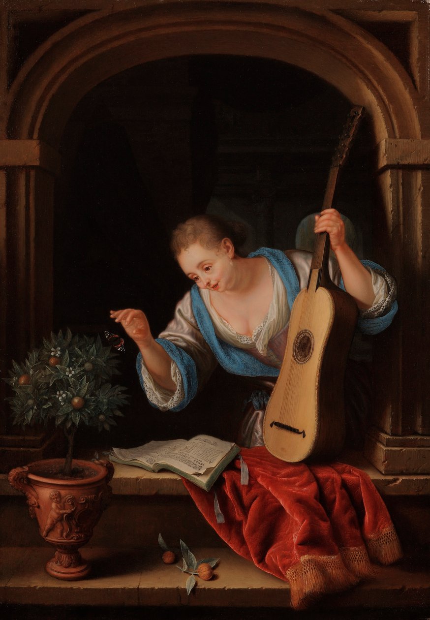 Eine junge Frau mit einer Gitarre in einer Fensternische von Pieter Leermans