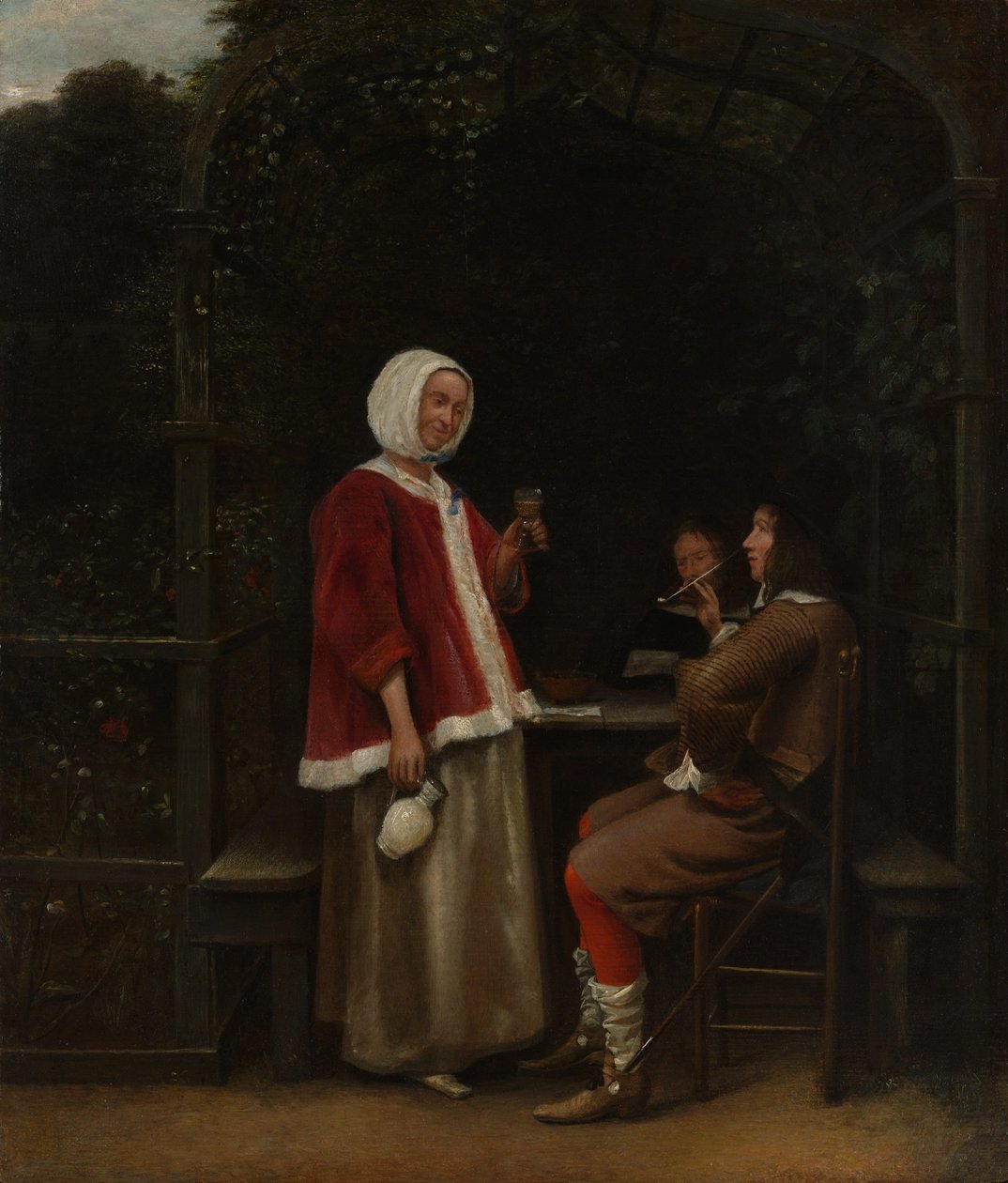 Eine Frau und zwei Männer in einer Laube von Pieter de Hooch